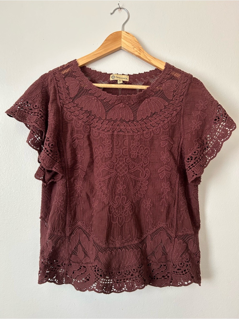 Democracy Embroidered Crochet Lace Boho Blouse Plum M